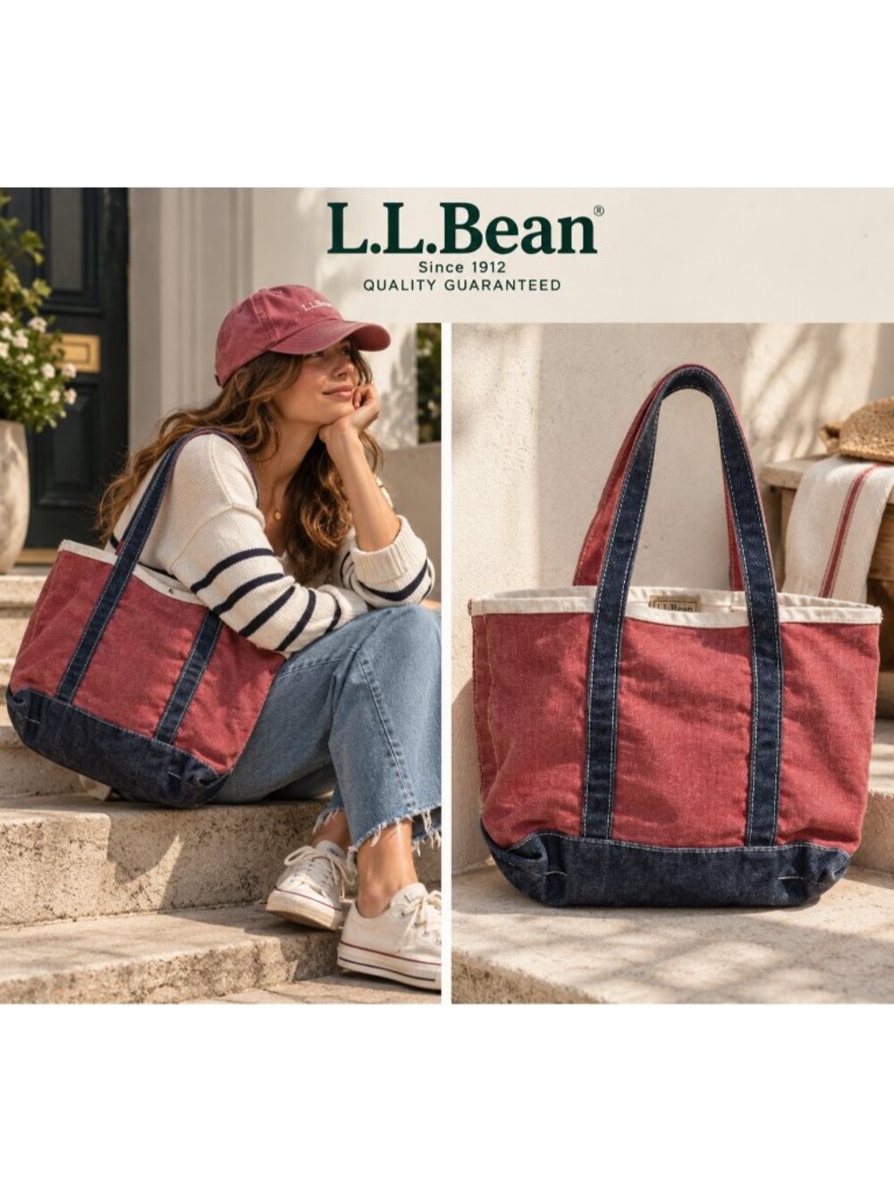 Rare L.L.Bean Red Navy Two Tone Cotton Canvas Tote Bag Distressed Vintage